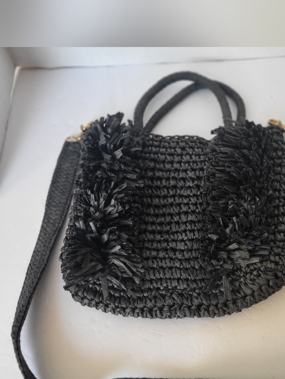 LOFT Black Woven Raffia Crossbody Bag with Fringe Trim